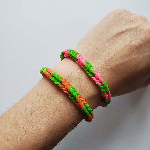 Green/Pink/Orange Handmade Fishtail Rainbow Loom Bracelets - Picture 2 of 3